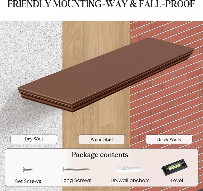 Fun Memories Floating Shelves 36 Inch Long, 9.3 Inch Deep Classic Crown Molding Floating Shelves for Wall, Rustic Wooden Shelves for Wall Decor Bathroom, Kitchen, Office, (Walnut, 2Pack)
