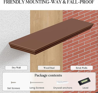 Fun Memories Floating Shelves 32 Inch Long, 9.3 Inch Deep Classic Crown Molding Floating Shelves for Wall, Rustic Wooden Shelves for Wall Decor Bathroom, Kitchen, Office, (Walnut, 2Pack)