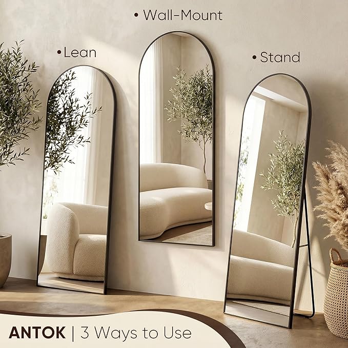Antok 58" x19” Arched Full Length Floor Mirror, Black Aluminum Frame, Free Standing/Wall Mount/Leaning for Bedroom, Living Room, Dressing Room