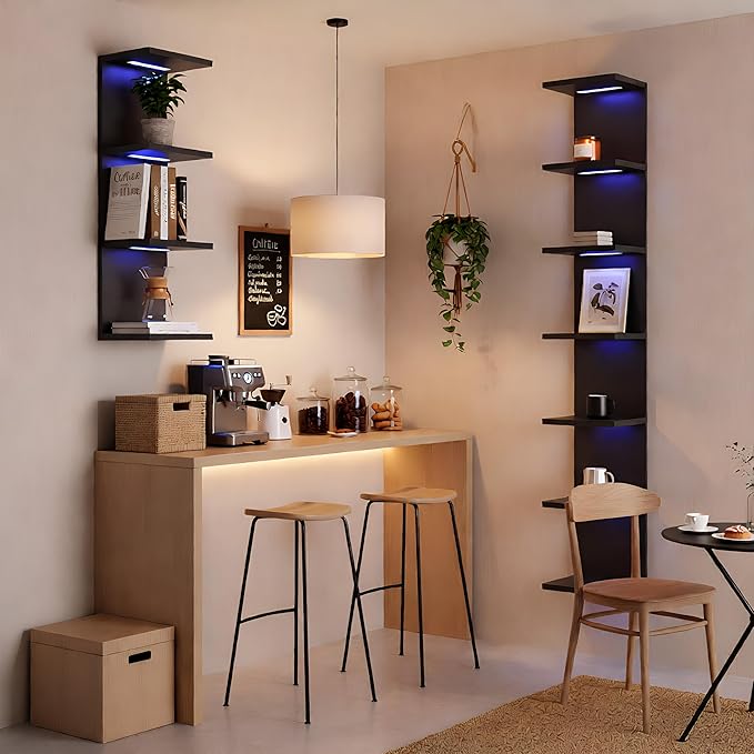 7-Tier Wall Shelf with 10 RGB Lighting Modes, Multifunctional Wall Mounted Vertical Display Floating Shelf for Bedroom Living Room Vanity, Black