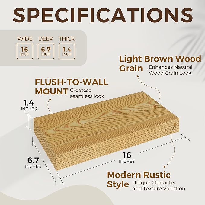 Dreamland 16 Inches Floating Shelves for Wall,6.7 Inch Deep Floating Shelves Set of 2, Large Display & Storage Shelf, Wall Shelf for Bathroom Bedroom Living Room Kitchen Office,Light Brown