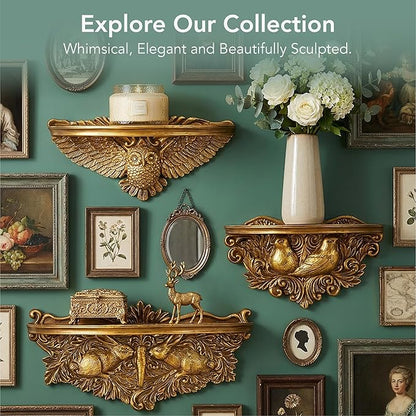 American Art Decor Vintage Ornate Resin Rabbits & Carrot Manor Floating Wall Mounted Shelf in Antique Gold - Rococo Baroque Shabby Chic Ledge for Small Displays