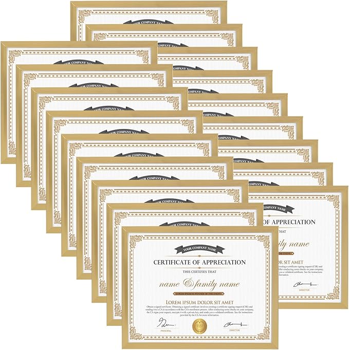 Hoikwo 18 Packs 8.5x11 Gold Multi Plastic Picture Frames Set with Plastic Cover, Certificate Frames for Document Diploma Award, Light Weight Bulk 8.5 by 11 Frames Pack for Wall Hanging and Table