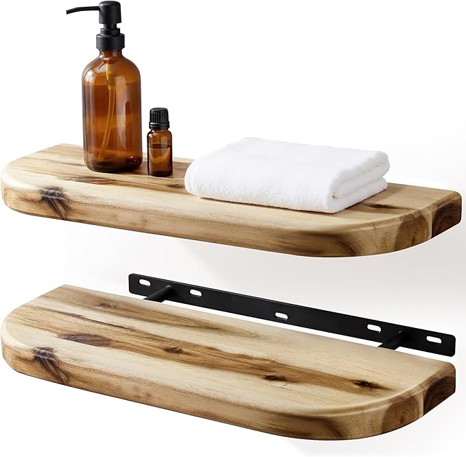 BATODA 17" Acacia Wood Floating Shelves Wall Mounted (Round Edge) – Rustic Farmhouse Wooden Wall Storage Shelf for Bedroom, Kitchen - Brackets and Shelving Hardware Included