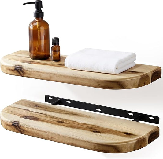 BATODA 17" Acacia Wood Floating Shelves Wall Mounted (Round Edge) – Rustic Farmhouse Wooden Wall Storage Shelf for Bedroom, Kitchen - Brackets and Shelving Hardware Included