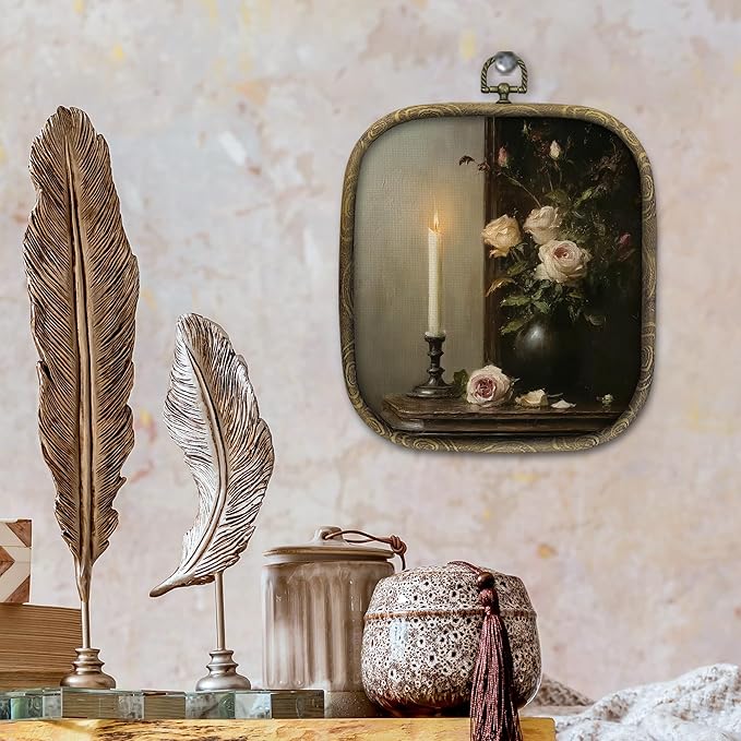 KSDUT Flower Candle Wall Art Decor - Botanical Neutral Mid Century Modern Wall Art Canvas Frame Hanging Prints, Vintage White Floral Square Wall Art Decor for Home Decorations 6.5"x5.7"