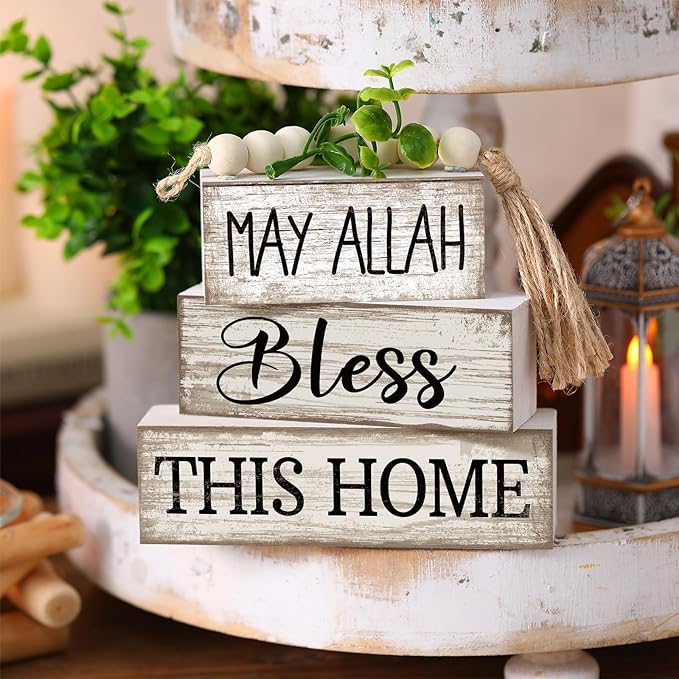 5 Pcs Islamic Table Decor Farmhouse Eid Ramadan Tiered Tray Decor White Stacked Books with Wood Bead Tassels Eucalyptus Leaves Eid Ramadan Block Signs Islamic Decoration for Home Kitchen