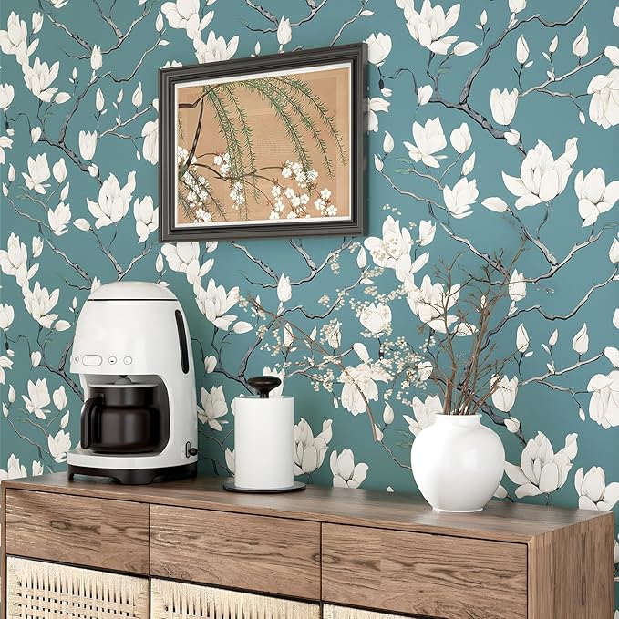 Vintage Floral Wallpaper Peel and Stick Blue Floral Contact Paper for Bedroom Waterproof Self Adhesive Boho Leaf Modern Wall Paper for Cabinets Locker Walls Bookcase Decor 17.5" X 393"
