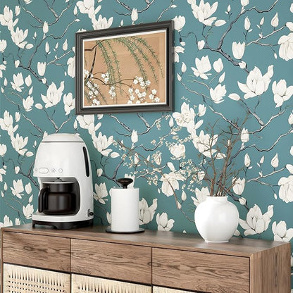 Vintage Floral Wallpaper Peel and Stick Blue Floral Contact Paper for Bedroom Waterproof Self Adhesive Boho Leaf Modern Wall Paper for Cabinets Locker Walls Bookcase Decor 17.5" X 393"