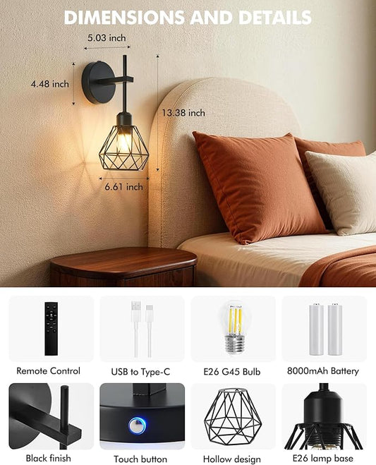 Black Hollow Wireless Battery Operated Wall Sconces Set of 2, 8000mAh Rechargeable Dimmable Wall Light with Remote, Cordless Battery Powered Lamp Decor Fixture for Bedroom Living Room Hallway