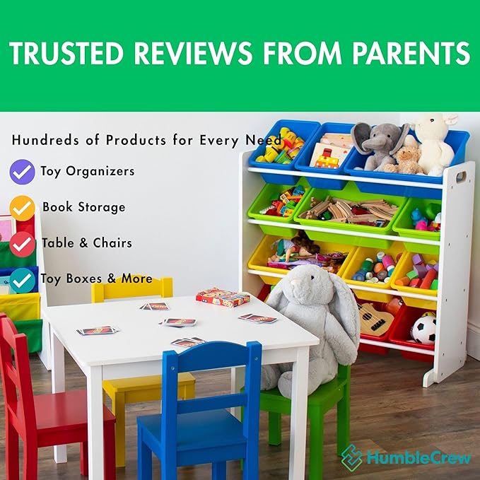 Humble Crew 4-Tier Kids Bookshelf, White Wood/Primary - Premium Book Shelf for Kids Rooms with Four Deep Pockets - Toddler Sling Book Rack with Deep Sleeves, Nursery Bookcase Organizer