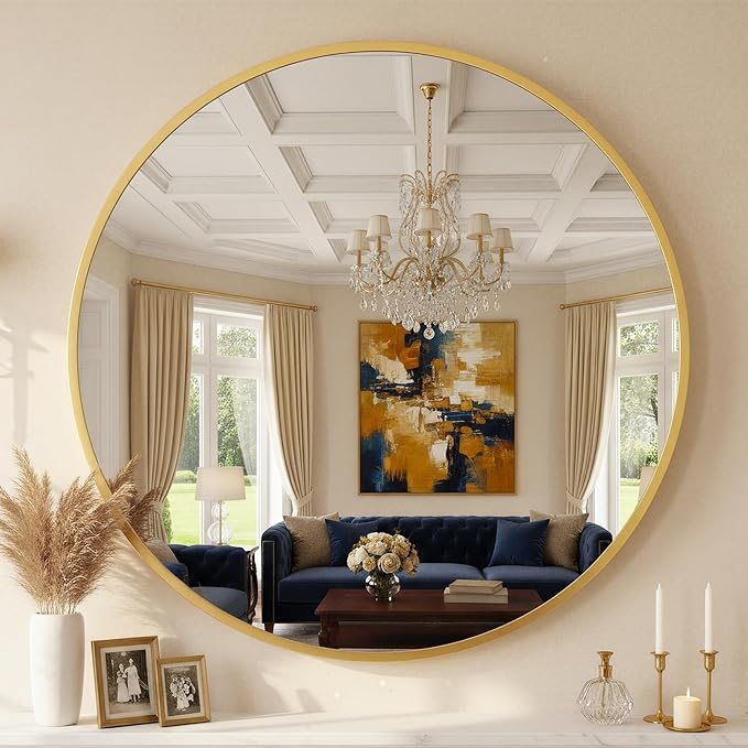 Antok 30 Inch Round Mirror for Wall, Round Bathroom Mirror, Circle Wall Mirrors with Gold Metal Frame, Circle Mirrors Suitable for Wall, Bathroom, Vanity, Living Room, Entryway