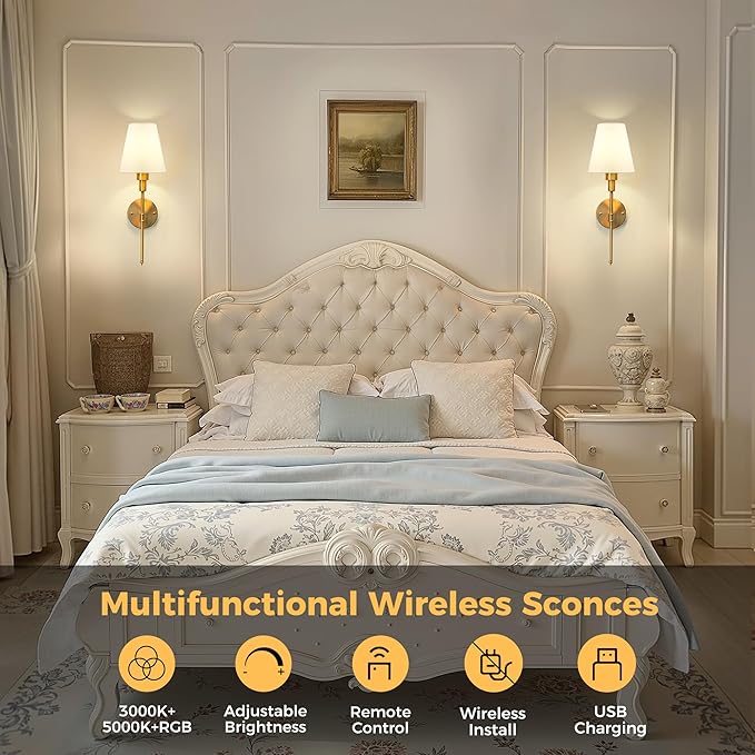 DORESshop Battery Operated Wall Sconce Set of 2, Wall Light Wireless Easy to Install, Dimmable and Adjustable Sconces Wall Decor, Rechargeable Wall Lamp for Bedroom, Living Room, Gold 20.7in