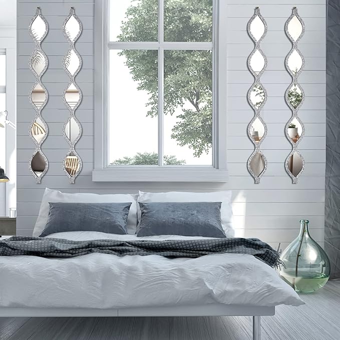 BBTO Teardrop Mirror Wall Decor Decorative Mirror Rustic Crush Diamond Mirrors Wall Farmhouse Long Art for Bathroom Bedroom Entryway Apartment Living Room(Silver,4 Pcs)