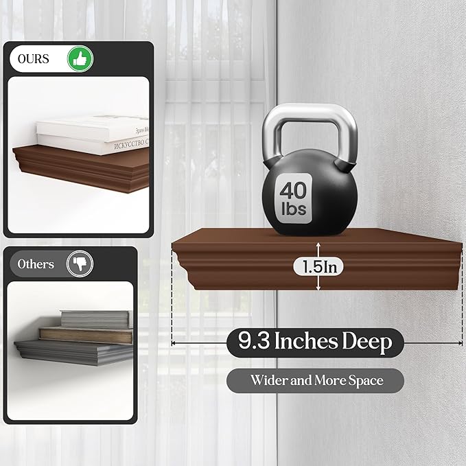 Fun Memories Floating Shelves 36 Inch Long, 9.3 Inch Deep Classic Crown Molding Floating Shelves for Wall, Rustic Wooden Shelves for Wall Decor Bathroom, Kitchen, Office, (Walnut, 2Pack)