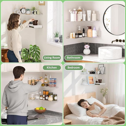 11.4x16 Inch Acrylic Corner Floating Shelf Set of 2, White Corner Wall Shelf for Home Décor, Speakers, Security Cameras, Toileries, Plants, Figures, Cosmetics, Books