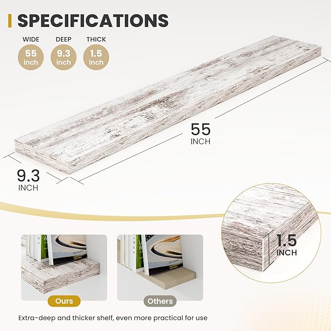 55 Inch Floating Shelves, 9.3" Deep Floating Shelf Wall Mounted, 55" Wall Shelves, Rustic Deep Bookshelf, Large Display Shelves & Storage Shelves for Bedroom, Living Room, Rustic, Set of 1