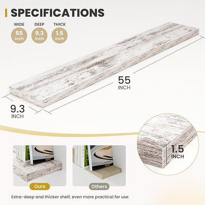 55 Inch Floating Shelves, 9.3" Deep Floating Shelf Wall Mounted, 55" Wall Shelves, Rustic Deep Bookshelf, Large Display Shelves & Storage Shelves for Bedroom, Living Room, Rustic, Set of 1