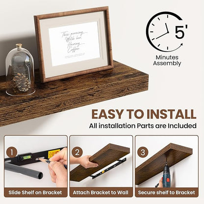 16 Inch Floating Shelves for Wall 2 Pack, 16" Wall Shelves for Books, Storage, Decor, Wall Mounted Floating Shelf with Invisible Brackets for Kitchen, Living Room, Brown