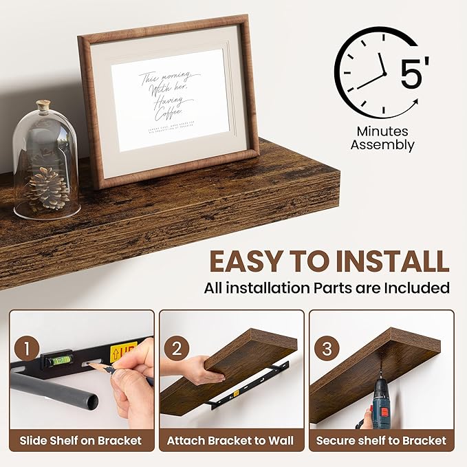 36 Inch Floating Shelves for Wall 2 Pack, 36" Wall Shelves for Books, Storage, Decor, Wall Mounted Floating Shelf with Invisible Brackets for Kitchen, Living Room, Brown