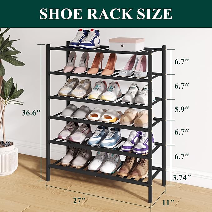 Smiry Bamboo Shoe Rack for Closet, 6 Tier Wooden Stackable Shoe Organizer, Free Standing Shoes Storage Shelf for Entryway, Front Door Entrance, Black
