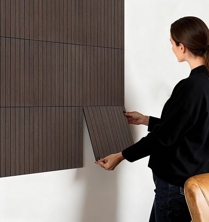 16-Pack Peel and Stick Acoustic Wall Panels, 11.8" x 11.8" PET Soundproof & Noise Cancelling Acoustic Felt, Self-Adhesive 3D Sound Absorbing Slat Wall Paneling for Interior Wall Decor, Walnut