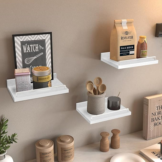 Small Floating Shelf, 6 X 9 Inches Farmhouse Wall Shelves for Living Room, Bedroom, Picture Frames, Plants, Kitchen, Set of 3 (White)