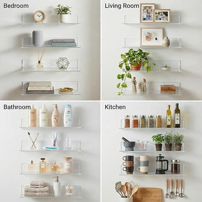 Acrylic Floating Shelves, Adhesive Wall Mount Command Shelves for Bathroom, Kitchen, Dorm - Renter-Friendly Easy Install Wall Shelves for Home Decor and Organization (Fully Clear-4 Pack)