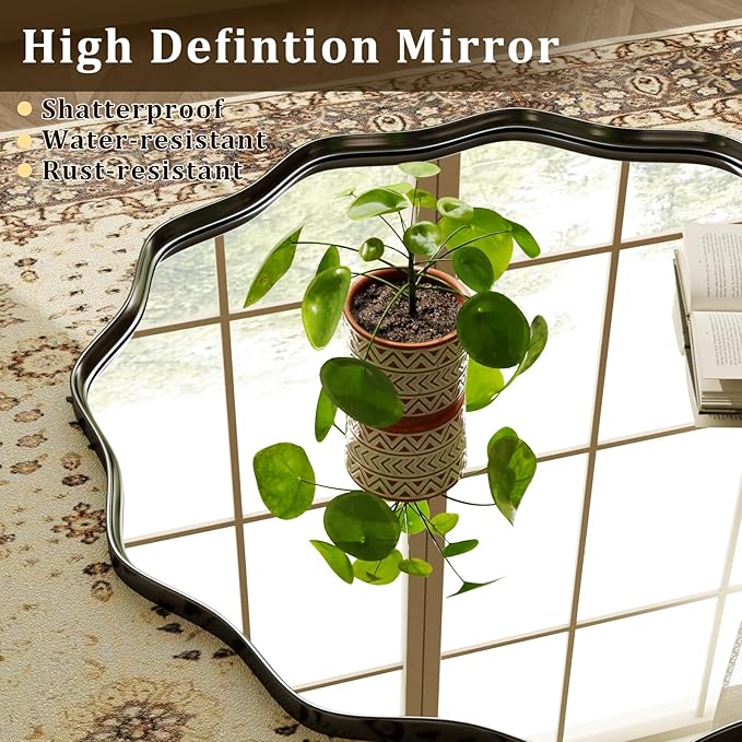 24 Inch Scalloped Round Wall Mirror, Black Wavy Edge Frame Circle Mirror for Bathroom, Bedroom, Entryway, Living Room for Wall Decor