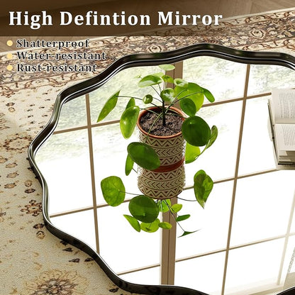 20 Inch Scalloped Round Wall Mirror, Black Wavy Edge Frame Circle Mirror for Bathroom, Bedroom, Entryway, Living Room for Wall Decor