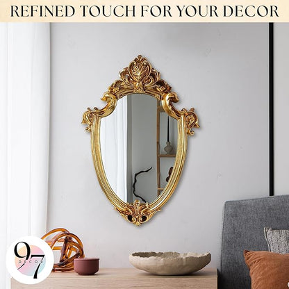97 Decor Decorative Gold Wall Mirror Vintage Decor - Small Antique Mirror for Table Top and Wall Mounting, Ornate Vintage Mirrors Frame for Home, Bedroom, Makeup Room (11.6x9 Inch)