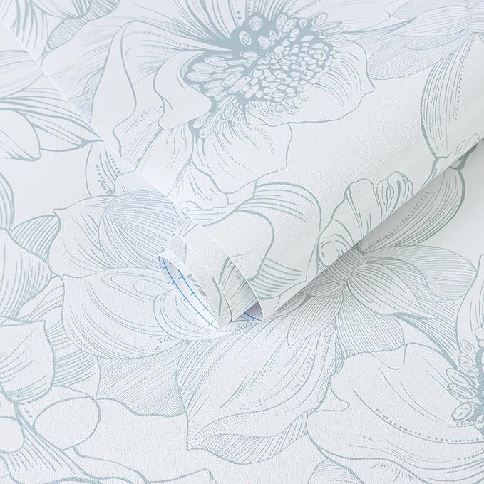 Ismoon Large Floral Peel and Stick Wallpaper Boho White and Blue Contact Paper 17.3inx32.7ft Modern Wall Paper Removable Self Adhesive Vinyl Wallpaper for Bedroom Cabinet Waterproof Mural Wall Decor