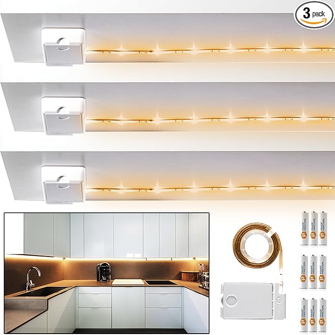 POWER PRACTICAL Luminoodle Under Cabinet Lighting – Click LED Light Strip for Shelves, Kitchen Cabinets, & Furniture, 3-Pack Includes Power Button & Tape Adhesive - Warm White (2700K)