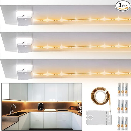 POWER PRACTICAL Luminoodle Under Cabinet Lighting – Click LED Light Strip for Shelves, Kitchen Cabinets, & Furniture, 3-Pack Includes Power Button & Tape Adhesive - Warm White (2700K)
