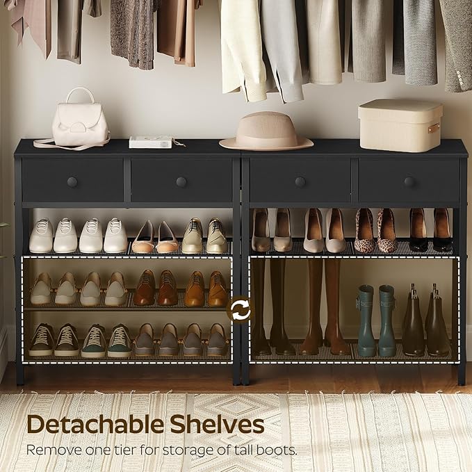 4 Tier Shoe Rack, Large Capacity Shoe Storage Organizer, Metal Shoe Shelf with Drawer and Wooden Top, for 16 Pairs of Shoes, for Entryway, Closet, Black SS24BB