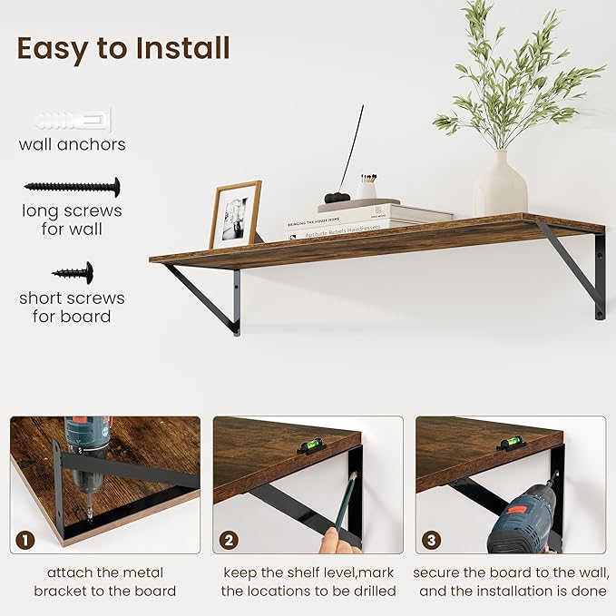 Fun Memories Deep Floating Shelves for Wall, 36W x 8D Wall Mounted Shelves Set of 2, Wide Display Ledge Shelf with Sturdy Metal Brackets for Living Room, Bathroom, Bedroom and Kitchen, Rustic Brown