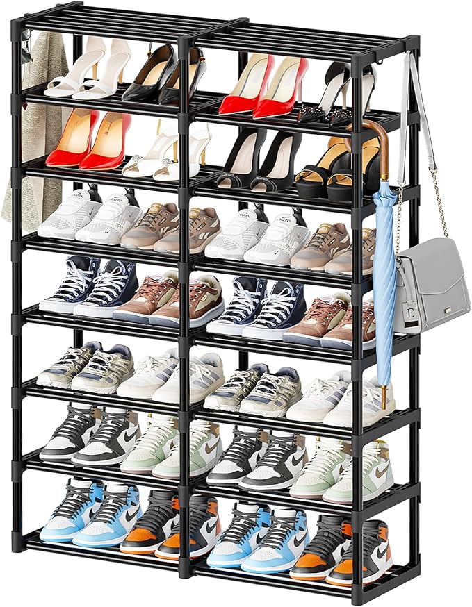 SUFAUY Large Shoe Rack Organizer, 2 Row 8 Tier 32-40 Pairs with Hooks, Sturdy Metal, DIY Stackable &Adjustable, Black