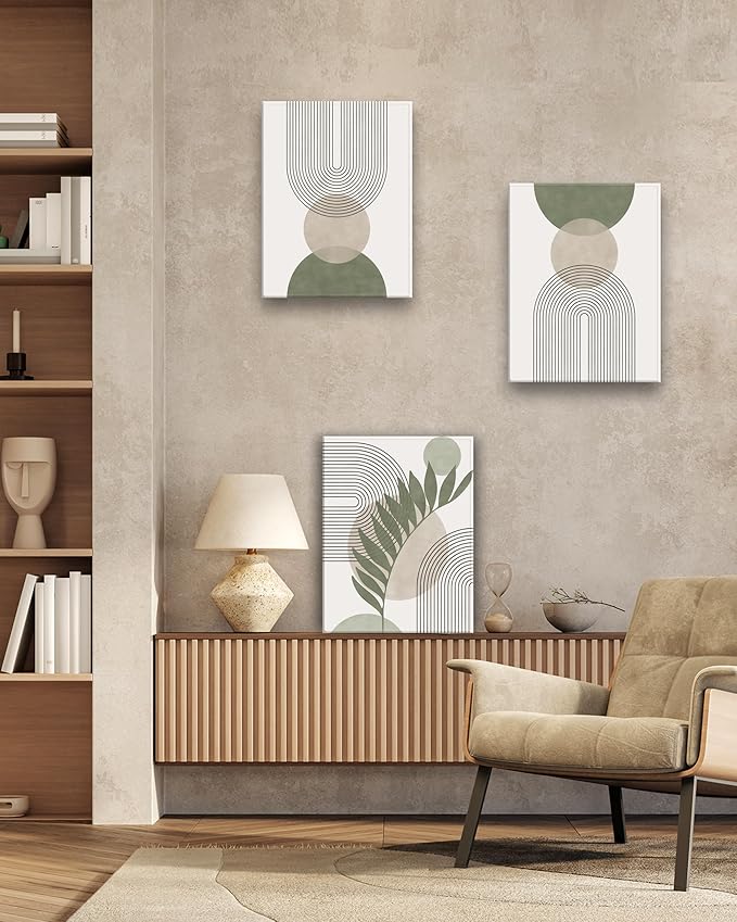 30x40CM Sage Green Boho Wall Art,Framed Canvas Bathroom Wall Art Pictures, Mid-Century Modern Wood Framed Abstract Prints for Bedroom,Minimalist Office Wall Decor 3Pack