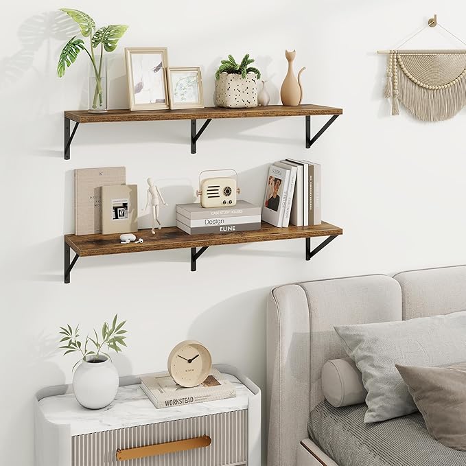 Axeman Deep Floating Shelves | 36 Inch Brown Wall Shelves Set of 2 | 10 Inch Deep Wood Floating Shelves for Wall | 36