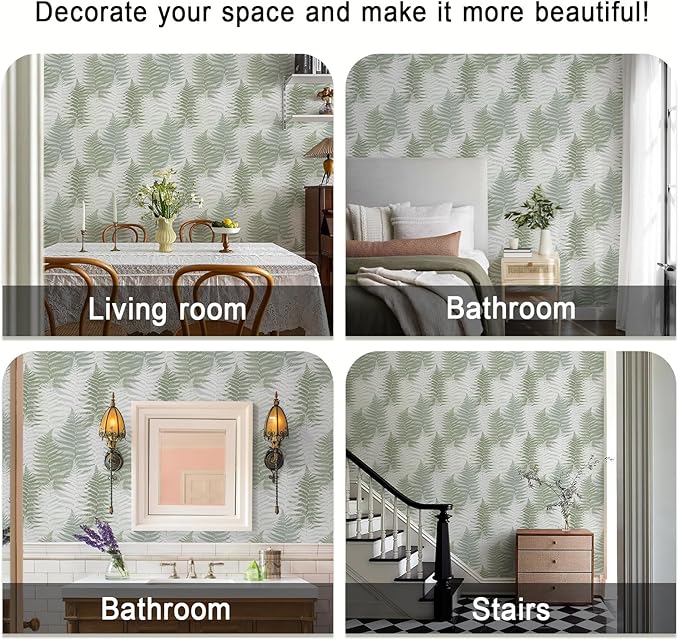 JiffDiff Botanical Fern Peel and Stick Wallpaper 17.73" x 118.1" Leaf Moody Ferns Forest Textured Self Adhesive Temporary Wall Paper for Bathroom Bedroom Apartment Friendly