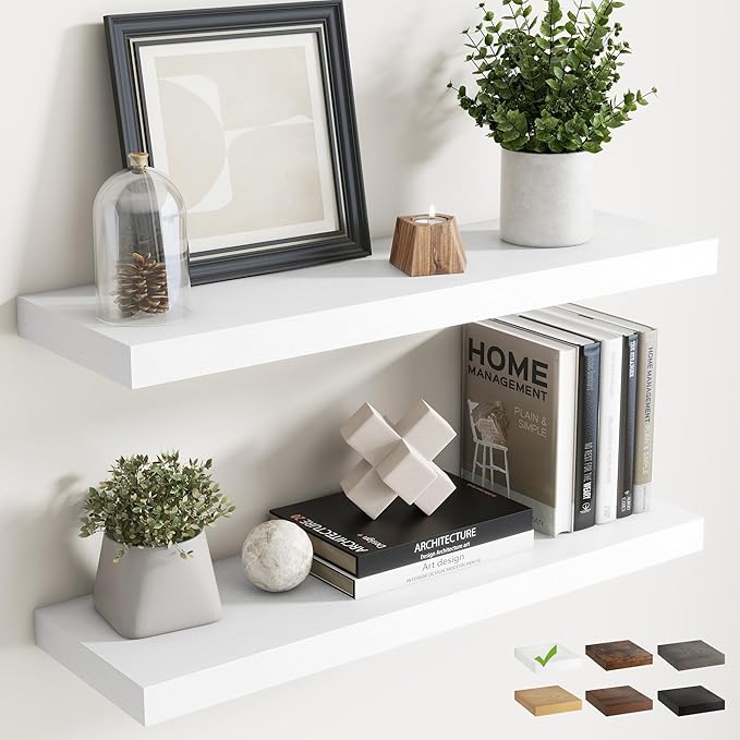 30 Inch Floating Shelves for Wall Set of 2, 8"D Wood Grain Bathroom Shelves with Invisible Brackets, Easy Install Engineered Wood Storage Shelves for Kitchen, Living Room, Bedroom, White Finish