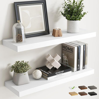30 Inch Floating Shelves for Wall Set of 2, 8"D Wood Grain Bathroom Shelves with Invisible Brackets, Easy Install Engineered Wood Storage Shelves for Kitchen, Living Room, Bedroom, White Finish