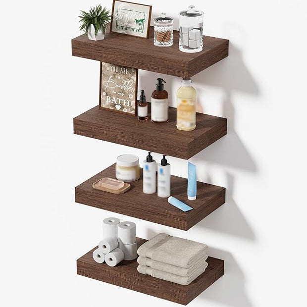 Floating Shelves for Wall, Bathroom Shelves Over Toilet, Wall Shelves & Book Shelf, Hanging Shelf, Modern Wooden Wall-Mounted Small Floating Shelves, 12x7x1.5 in (Walnut-Like, Set of 4)