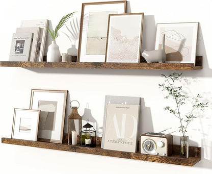 Fun Memories Picture Ledge Shelves Set of 2, 36 Inch Rustic Wall Mounted Floating Shelves with Lip for Home Storage and Décor in Bathroom, Kitchen, Nursery, Bedroom, Living Room, Brown
