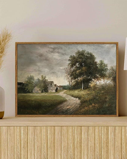 SHENIFY Landscape Vintage Framed Canvas Wall Art Classical Village Prints Farmhouse Bathroom Office Decor - 11x14in Natural Framed