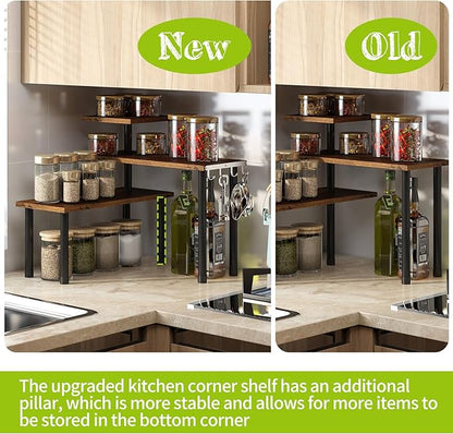 BMOSU Kitchen Corner Shelf Countertop Organizer with Hooks Adjustable Spice Rack Corner Display Rack Shelf Cabinet Counter Shelves(Rustic Brown)