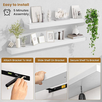 Fun Memories Floating Shelves 48 Inch, Extra Large Wood Shelf Set of 2, Hanging Wall Shelves for Bathroom, Living Room, Kitchen, Bedroom, White