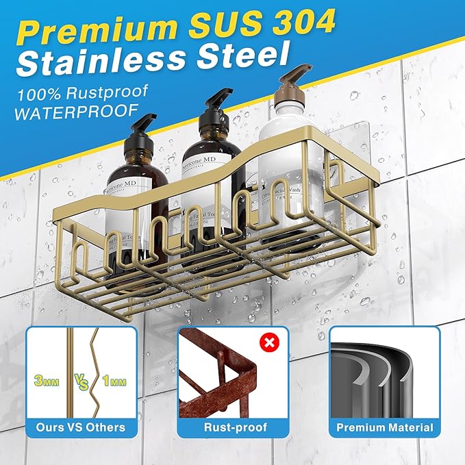 EUDELE 5-Pack Rustproof Stainless Steel Shower Caddy – No Drill Adhesive Bathroom Organizer with Large Capacity, Spacious Shower Shelves for Inside Shower, Kitchen & Home Decor Storage-XL Size