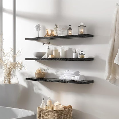 PHPH 48 Inch Wood Floating Shelves for Wall, Wooden Wall Shelves for Bedroom, Set of 4 Black