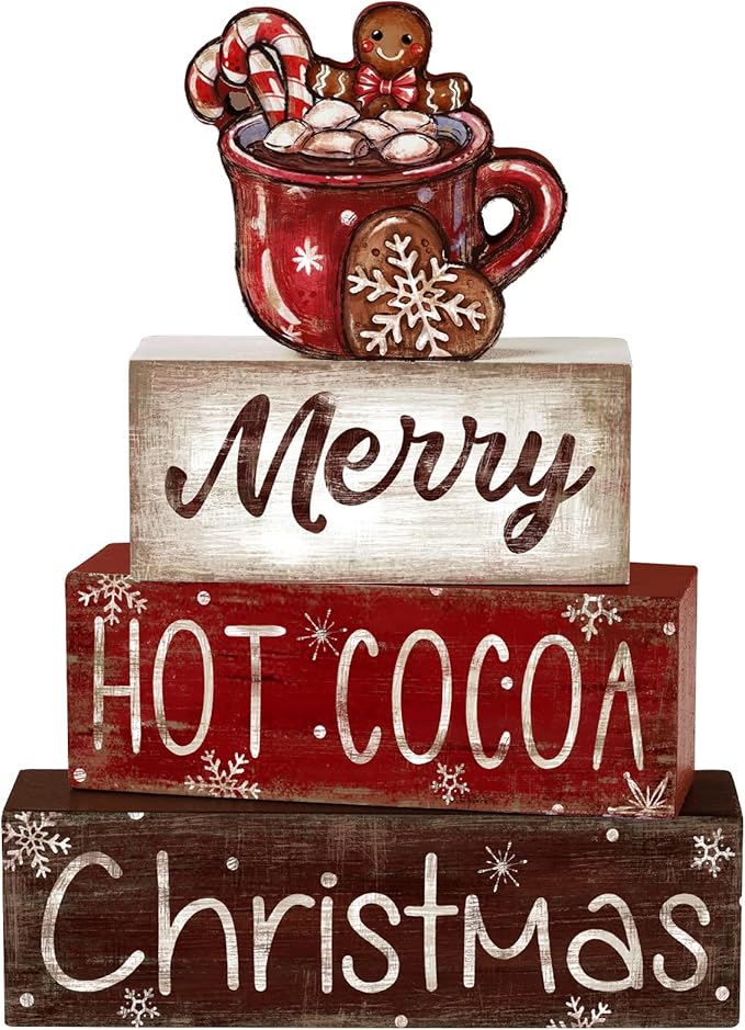 DIYDEC 4Pcs Christmas Wooden Tabletop Decoration Hot Cocoa Wooden Block Signs Gift Rustic Xmas Tiered Tray Decor Merry Christmas Centerpiece Sign Farmhouse Winter Table Home Party Decor